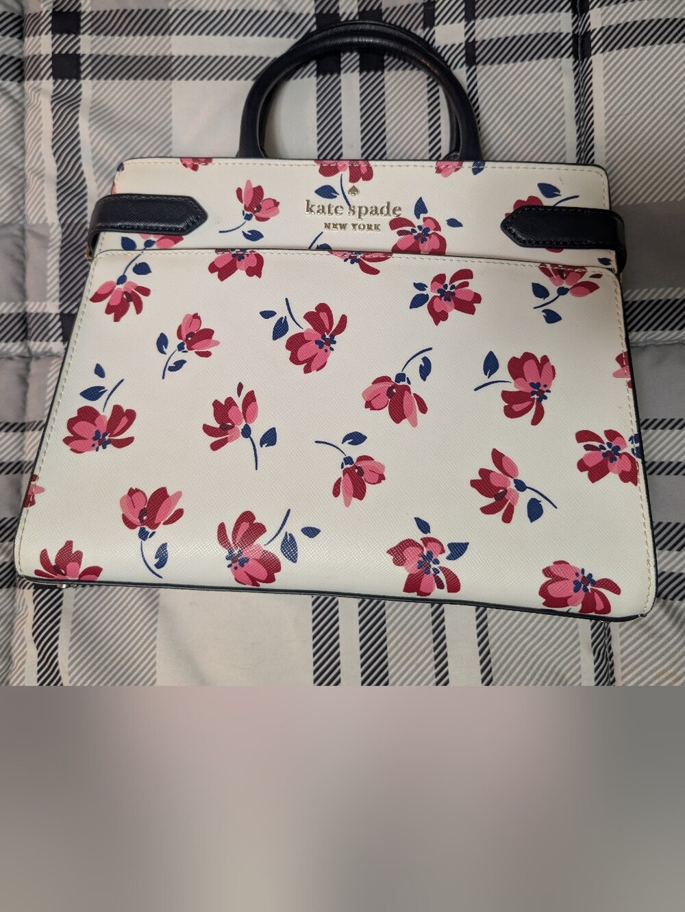 kate spade Cream Satchel with Pink Floral Print and Navy Trim